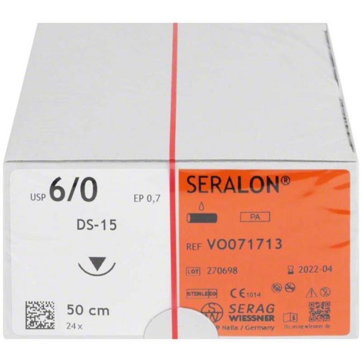 Шовный материал VO071713 Seralon / Nylon 6/0, 1x0,5m, голубой, игла DS15, 3/8, об.режущая 24 шт.