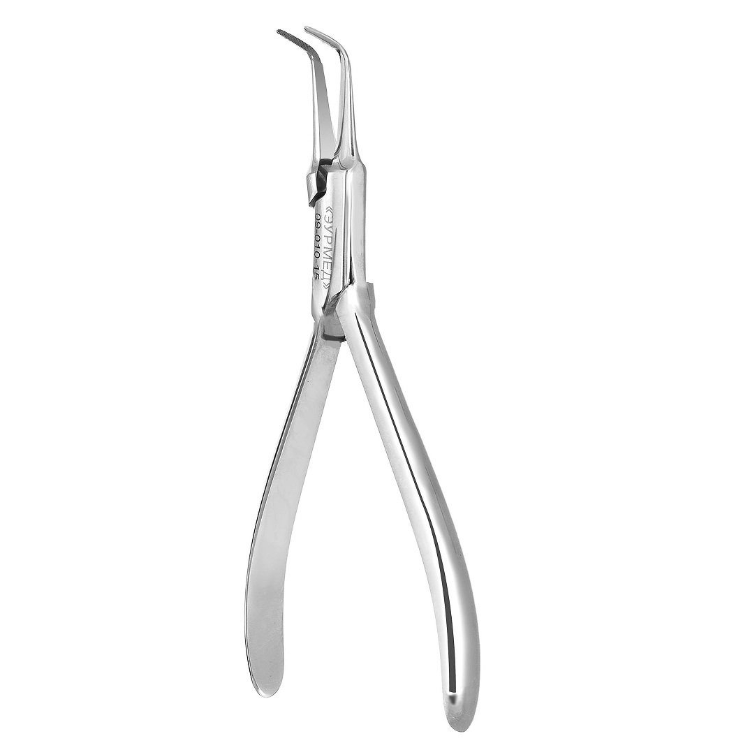 09-010-15 Щипцы для удаления сломанных корневых инструментов, изогнутые, 15 см, 1 шт. ЭУРМЕД