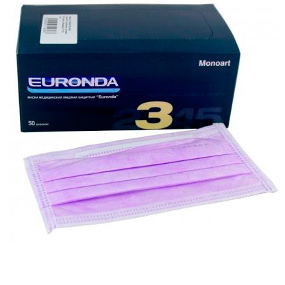 Маски медицинские лицевые защитные "Euronda",защита 3, 3-х слойные (50шт), лиловые
