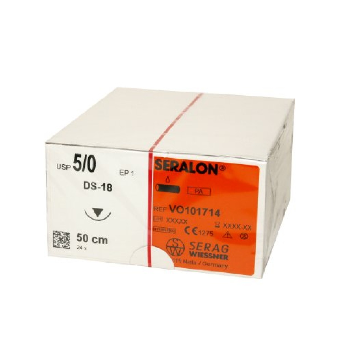 Шовный материал VO101714 Seralon / Nylon 5/0, 1x0,5m, голубой, игла DS18, 3/8, об.режущая 24 шт.