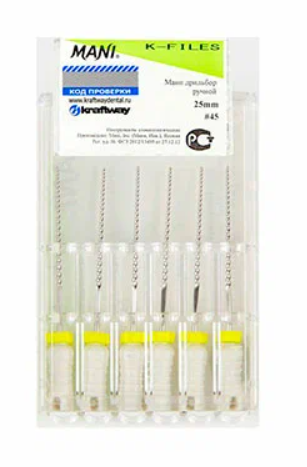 К-файлы 25 мм № 45  эндодонтические файлы (6 шт), "Mani" 0322010М