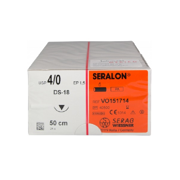 Шовный материал VO151714 Seralon / Nylon 4/0, 1x0,5m, голубой, игла DS18, 3/8, об.режущая 24 шт.