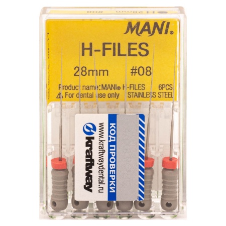 Н-файлы 28 мм № 08 - эндодонтические файлы (6 шт), "Mani"