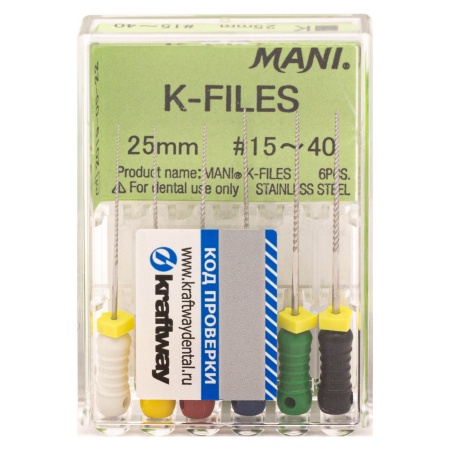 К-файлы 25 мм № 15-40 - эндодонтические файлы (6 шт), "Mani"