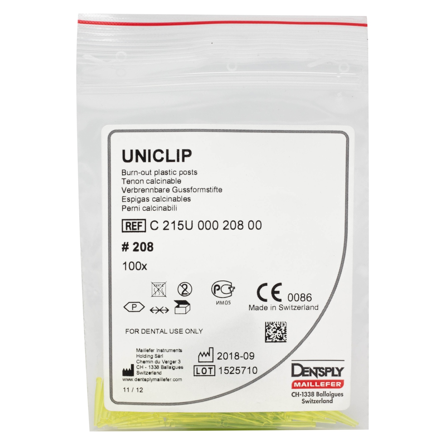 Юниклип/Uniclip 0.8 штифты беззольные пластик желтые (100шт) C215U00020800