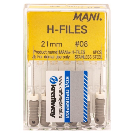 Н-файлы 21 мм № 08 - эндодонтические файлы (6 шт), "Mani"