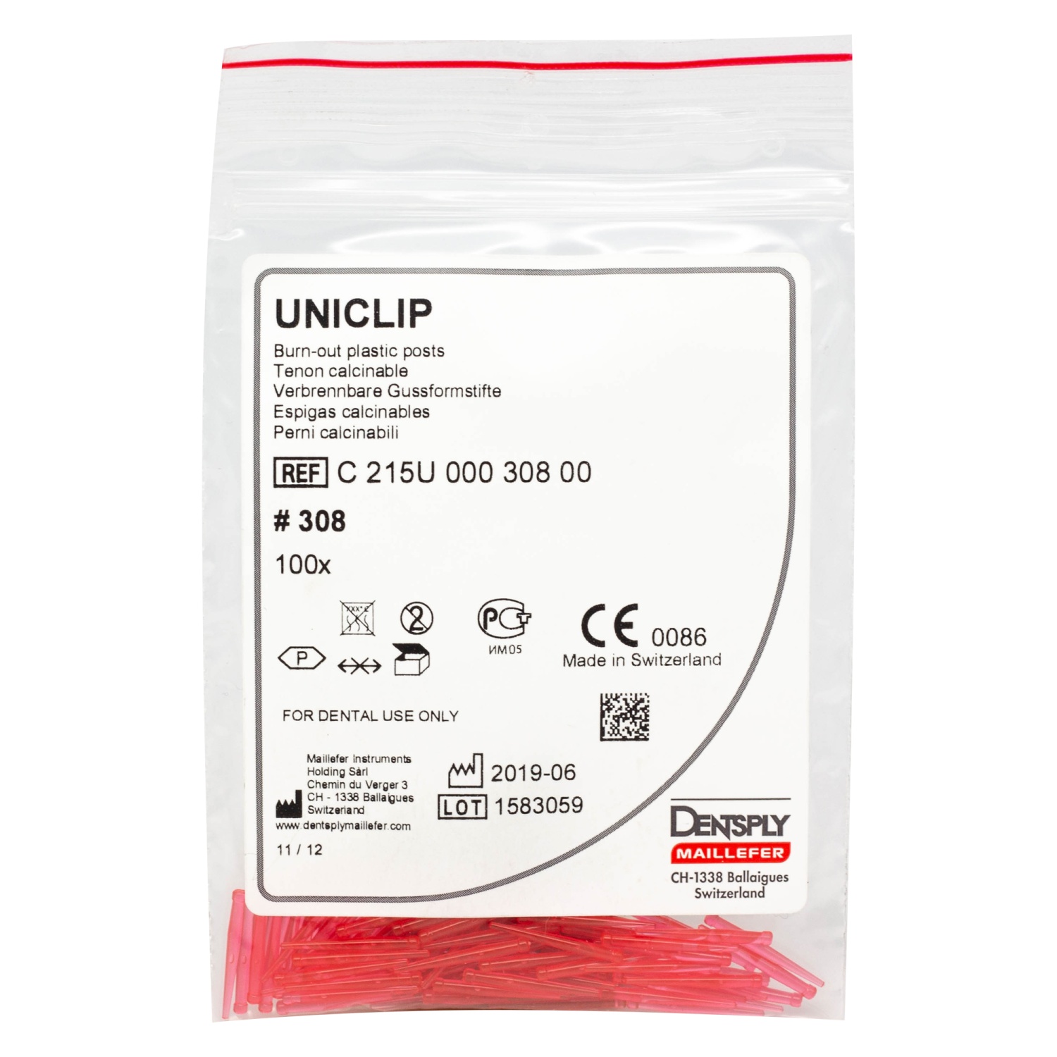 Юниклип/Uniclip 0.8 штифты беззольные пластик красные (100шт) C215U00030800