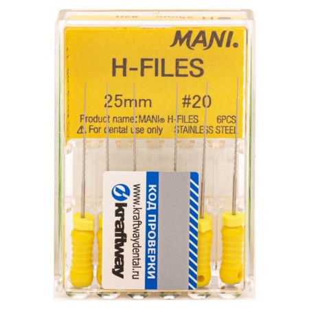 Н-файлы 25 мм № 20 - эндодонтические файлы (6 шт), "Mani"