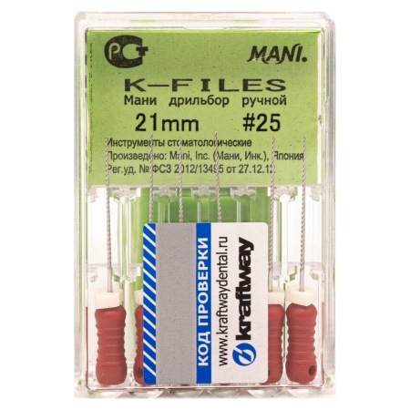 К-файлы 21 мм № 25 - эндодонтические файлы (6 шт), "Mani"