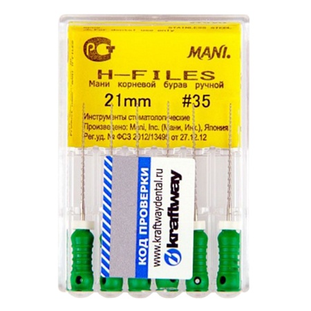 Н-файлы 21 мм № 35 - эндодонтические файлы (6 шт), "Mani"