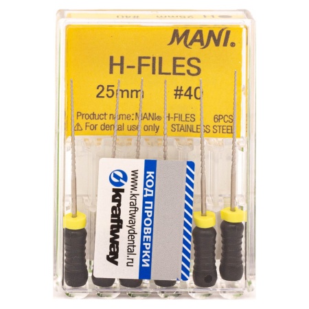 Н-файлы 25 мм № 40 - эндодонтические файлы (6 шт), "Mani"