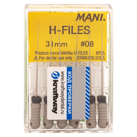 Н-файлы 31 мм № 08 - эндодонтические файлы (6 шт), "Mani"