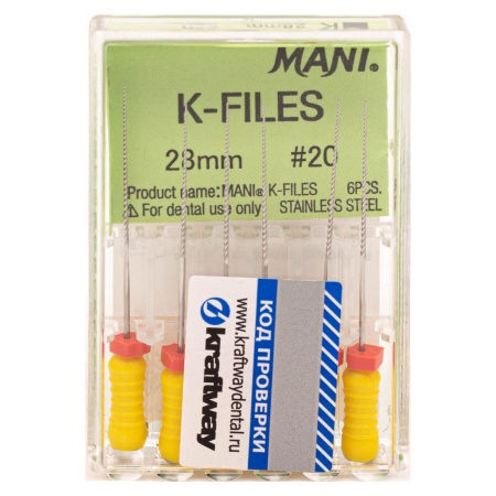 К-файлы 28 мм № 20 - эндодонтические файлы (6 шт), "Mani"