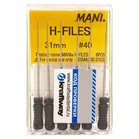 Н-файлы 31 мм № 40 - эндодонтические файлы (6 шт), "Mani"